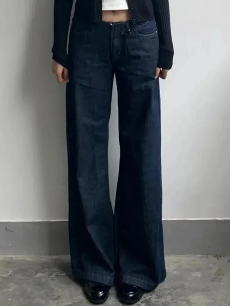 

Женские винтажные эстетические джинсы Y2k, уличная одежда, осенние синие джинсовые брюки с низкой талией, эластичные тонкие прямые брюки больших размеров