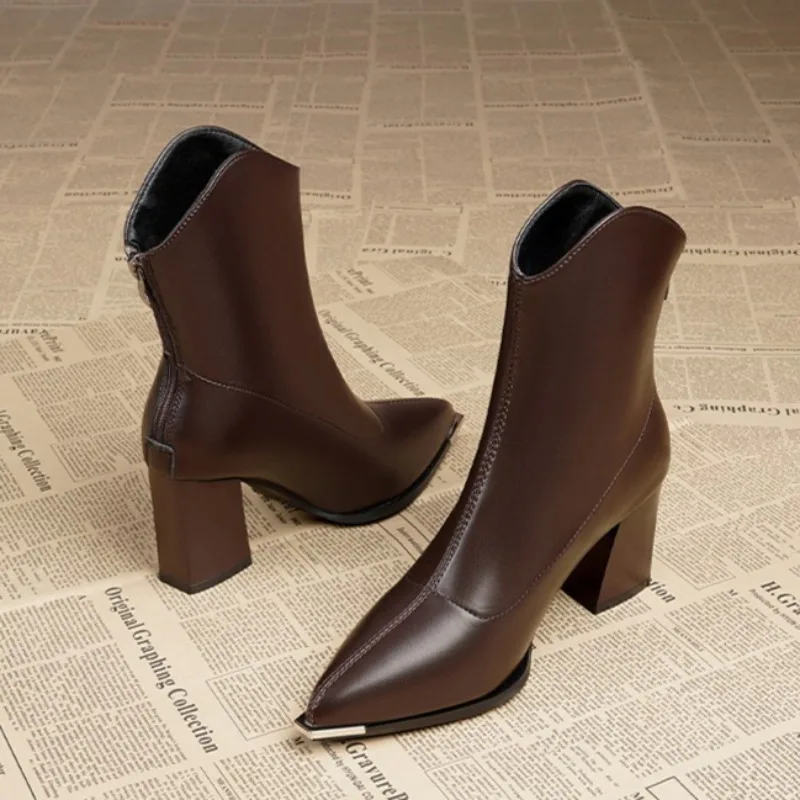 2025New Arrival Women Ankle Boots High Quality Casual Leather Boots Fashion Pointe High Heel Boots Plush Warm Women Winter Botas