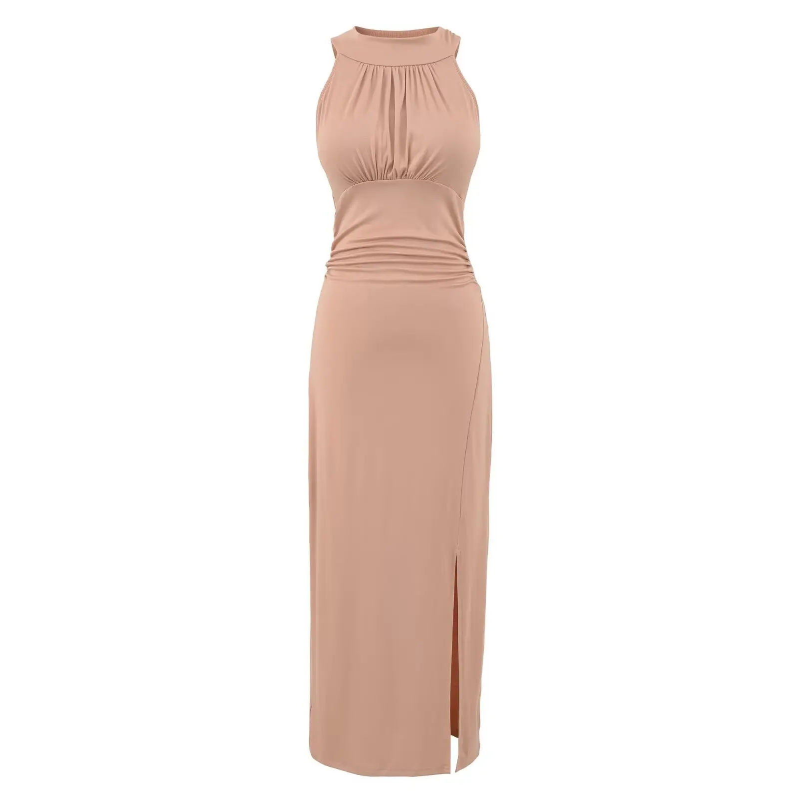 Damen-Midikleid mit O-Ausschnitt, ärmellos, geteilt, 5-farbig, elastisch, schmal, gerüscht