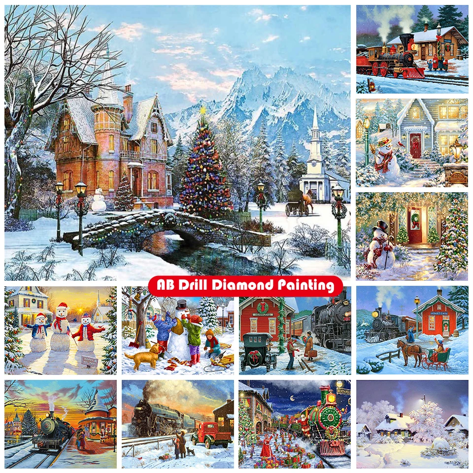 Snow Scene 5D DIY AB Diamond Painting Kit Landscape Snowman Snow Mountain Full Circle Diamond Embroidery Mosaic Home Decoration