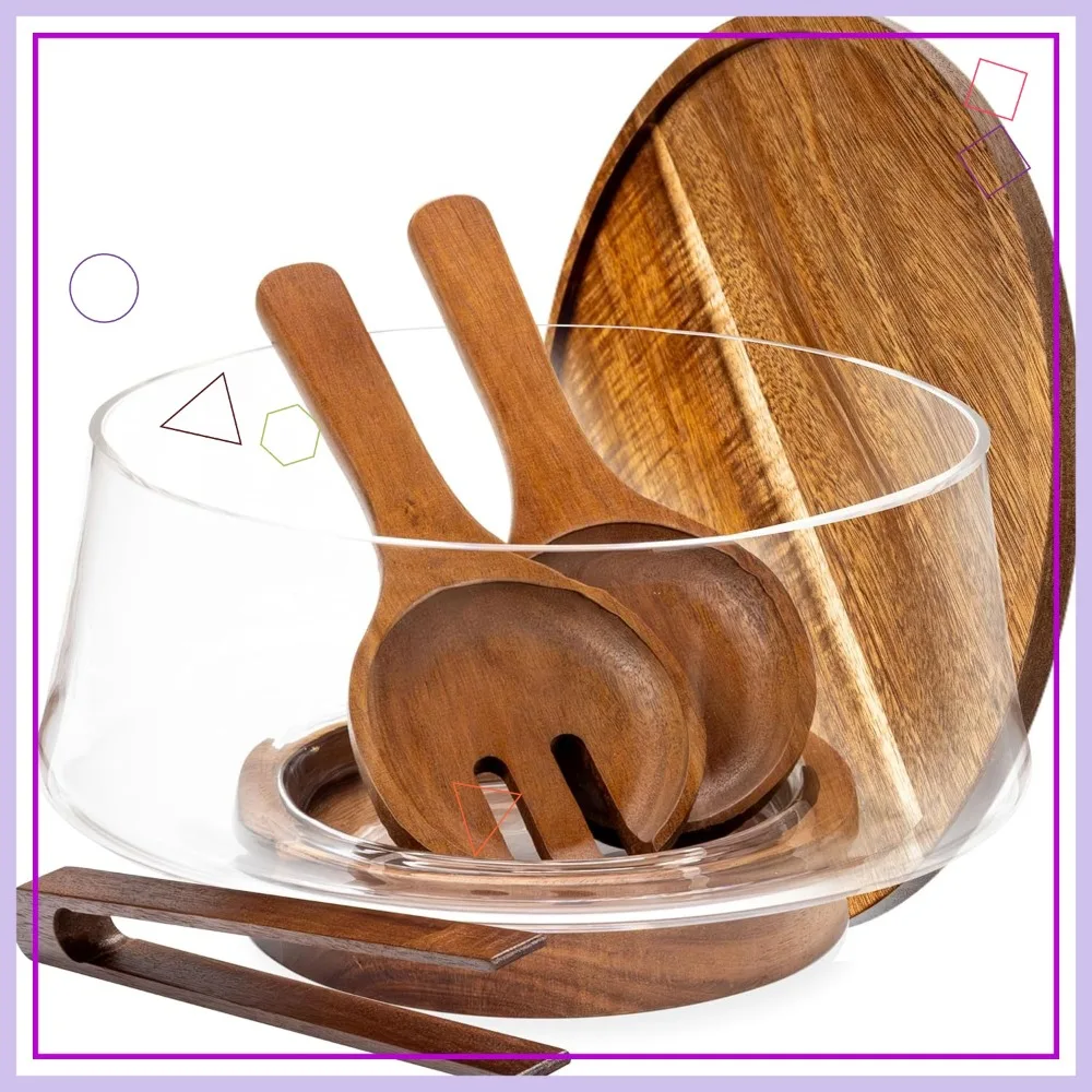 

Large Glass Salad Bowl Set with Lid, 5.7L Mixing Bowl for Serving Cheese Charcuterie, Includes Wood Utensils