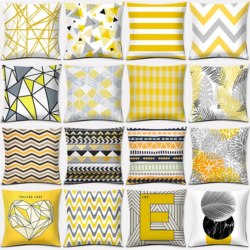 

Ins Yellow Geometric Figure Series Printed Square Sofo Pillowslip Polyester Cushion Cover Peach Skin Pillowcase Home Decor