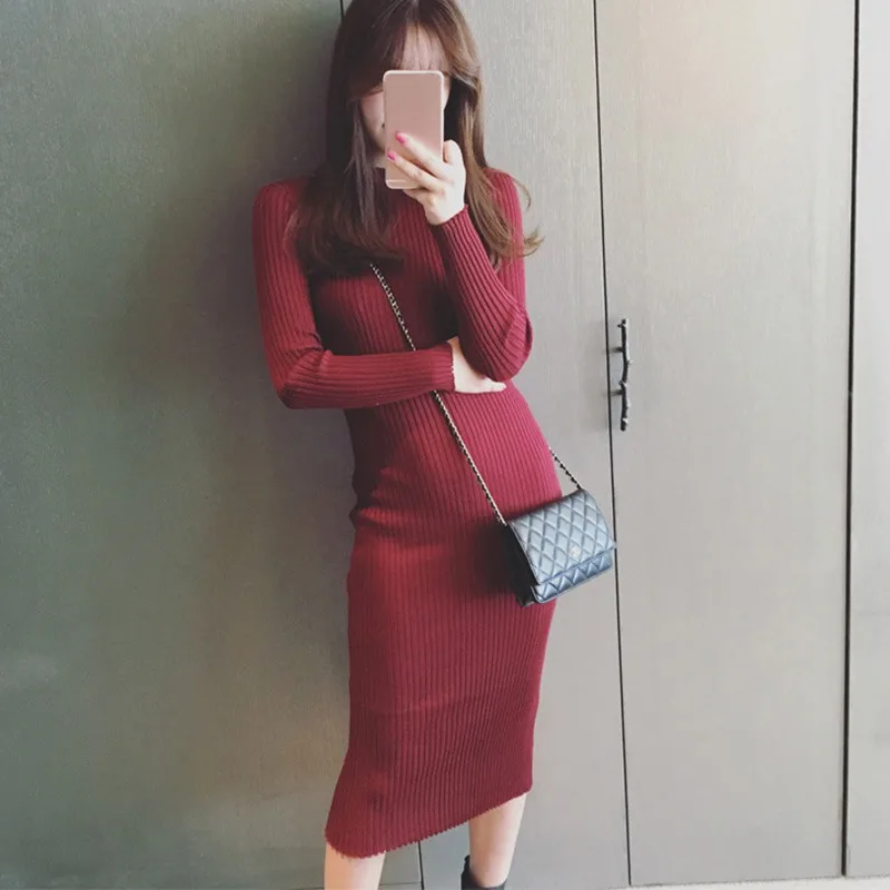 Autumn And Winter Slimming Temperament Small High Neck Knee Length Dresses With Solid Color Fashion Solid Color Long Skirts