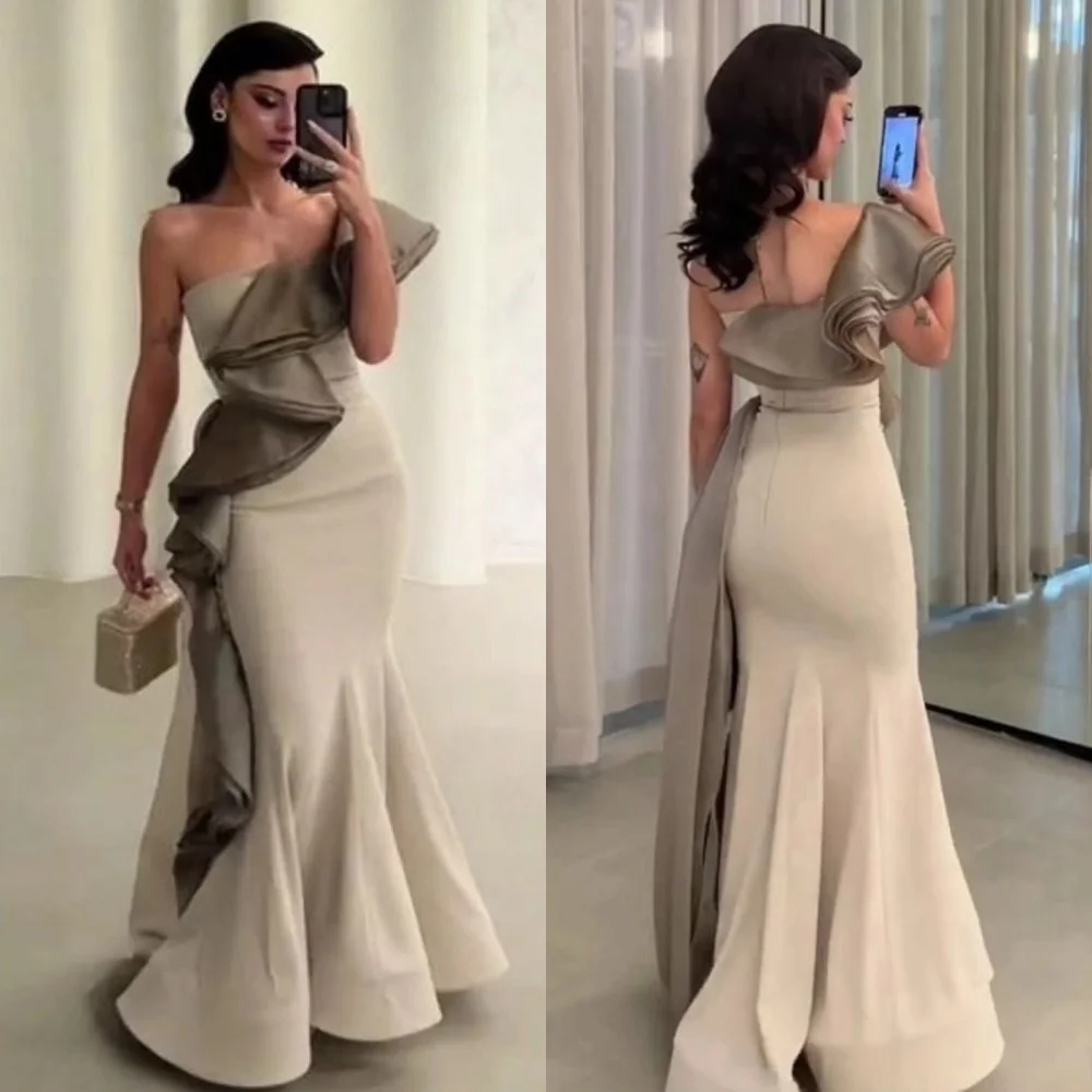 

Customized Matching Jersey Pleat Ruffle Trumpet One-shoulder Long Dresses Celebrity Dresses Elegant Pastrol