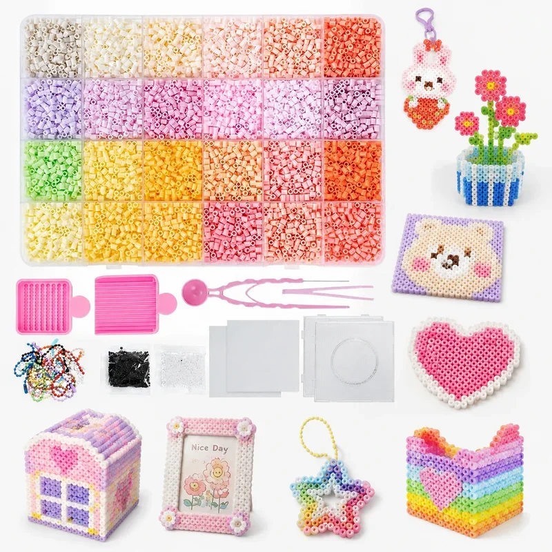 24 Colors Fuse Perler Beads Kit with Pegboards Tweezers Ironing Paper for DIY Handmade Art Craft Gift