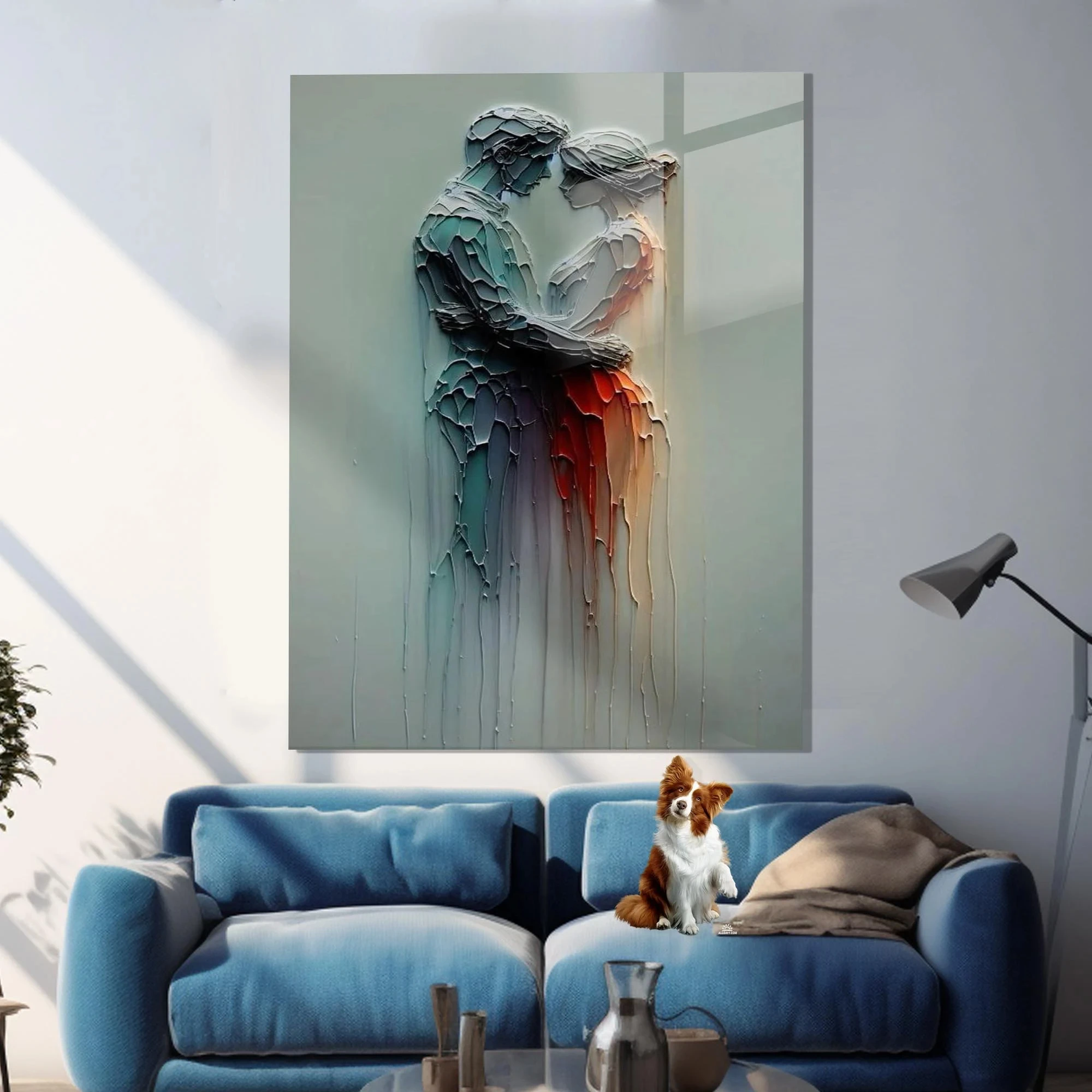 مجردة 2D الإغاثة المسطحة زوجين احتضان قماش جدار الفن - لا طباعة النحت الرومانسي مؤطرة، ملصق عشاق مجردة الحديثة، Uni