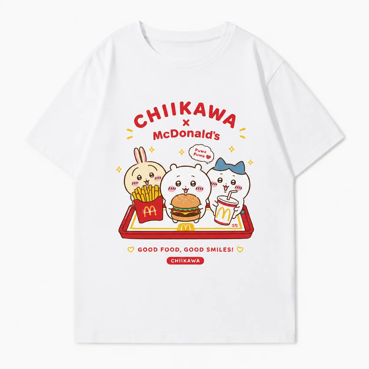 Kawaii Niedliches Ästhetisches Chiikawa McDonald's Kollaborations-Burger-Frites-Print Baumwolle Atmungsaktives Unisex-T-Shirt mit Rundhalsausschnitt – Detail 4
