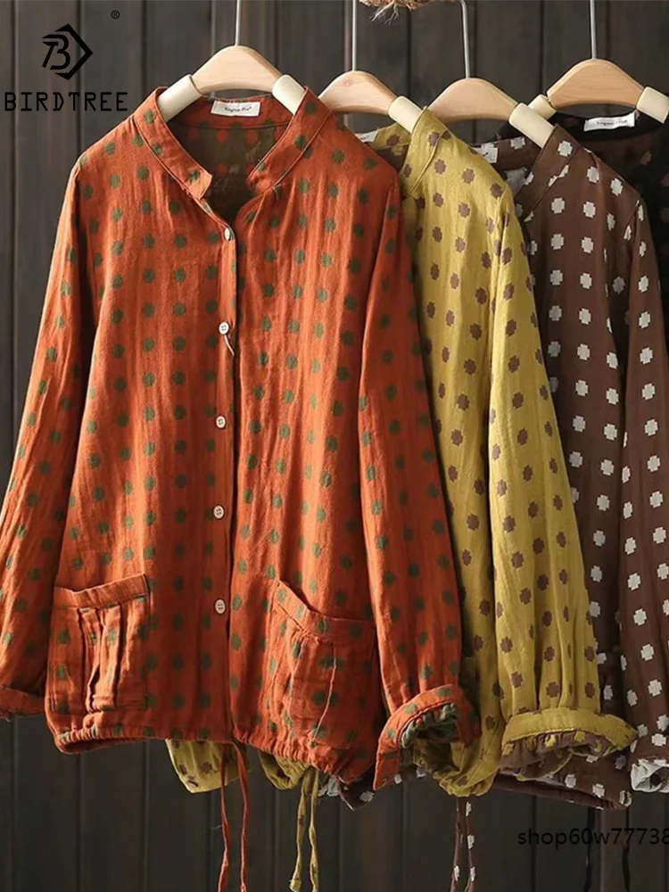 

New Summer Cotton Long Sleeve Shirts Stand Neck Polka Dots Tops Mori Girl Casual Retro Loose Chic Blouse 2024 Autumn T462146QM