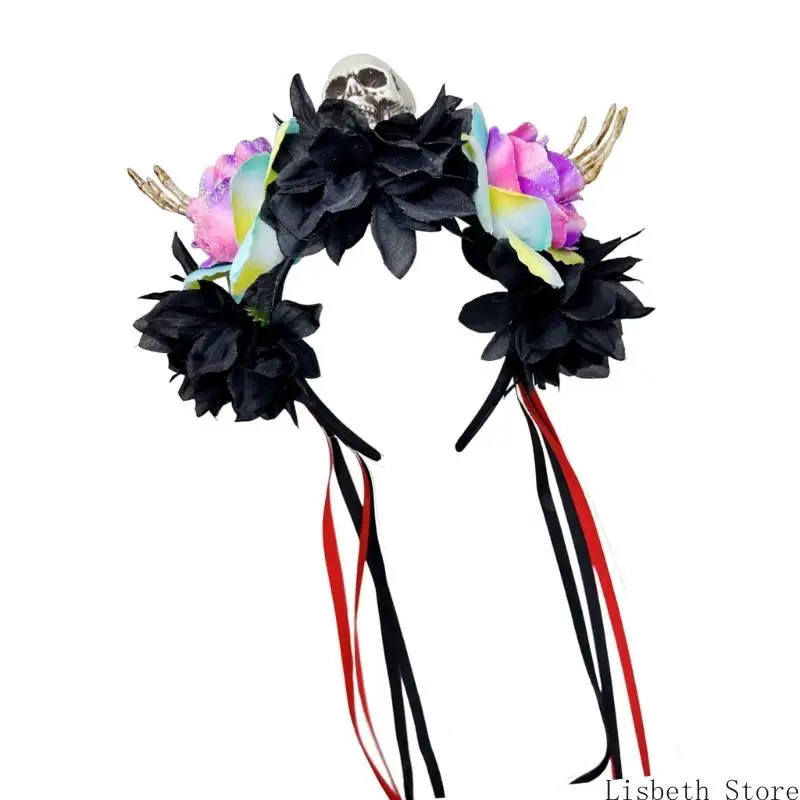 124aハロウィーンスケルトンハンドフラワースカルヘッドバンドは、子供向けの実用的な樹脂ヘアアクセサリーコスチュームパーティーサプライ