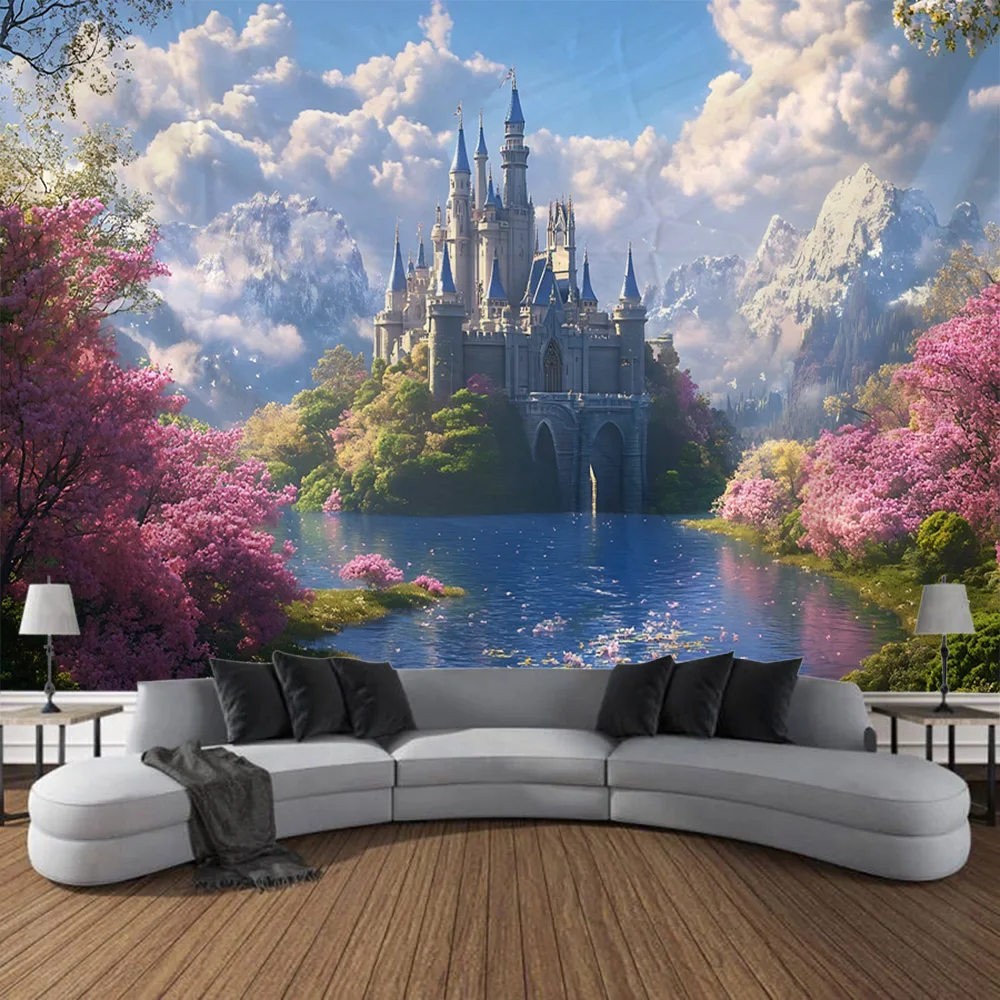 Dreamy castle background wallpaper, bedroom tapestry, cartoon decoration, hippie aesthetic home wall hanging, yoga mat