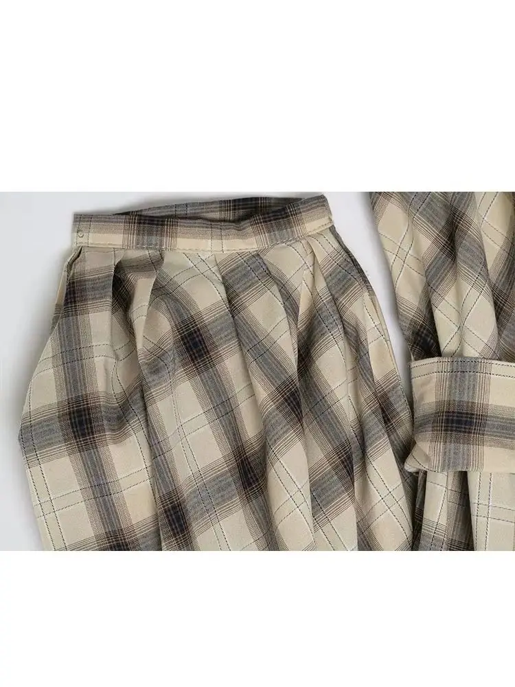 Sukienka damska w stylu retro, z okrągłym dekoltem, w kratę, z długim rękawem, elegancka, z paskiem, z kieszeniami, codzienna, o kroju litery A.