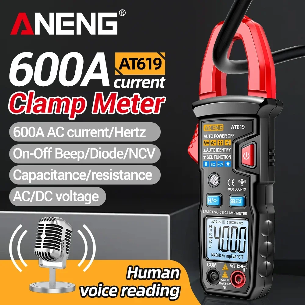 

ANENG AT619 Digital Clamp Multimeter 4000 Counts 600A AC/DC Current Voltage Tester Voice Broadcast NCV Detection for Electrician