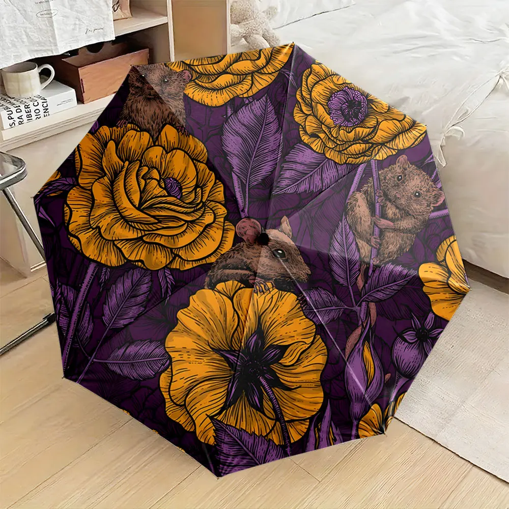 1PC Charming Floral Umbrella with Mouse Illustrations Print 8 Iron Ribs Folding Umbrella Auto-Open Fashion Sunshade