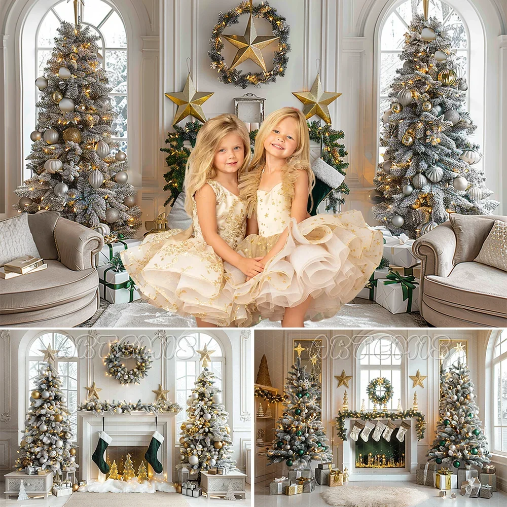 Winter Christmas Photography Backdrop White Fireplace Star-shaped Decoration Golden Toy Beige Background Photo Studio Photo-call