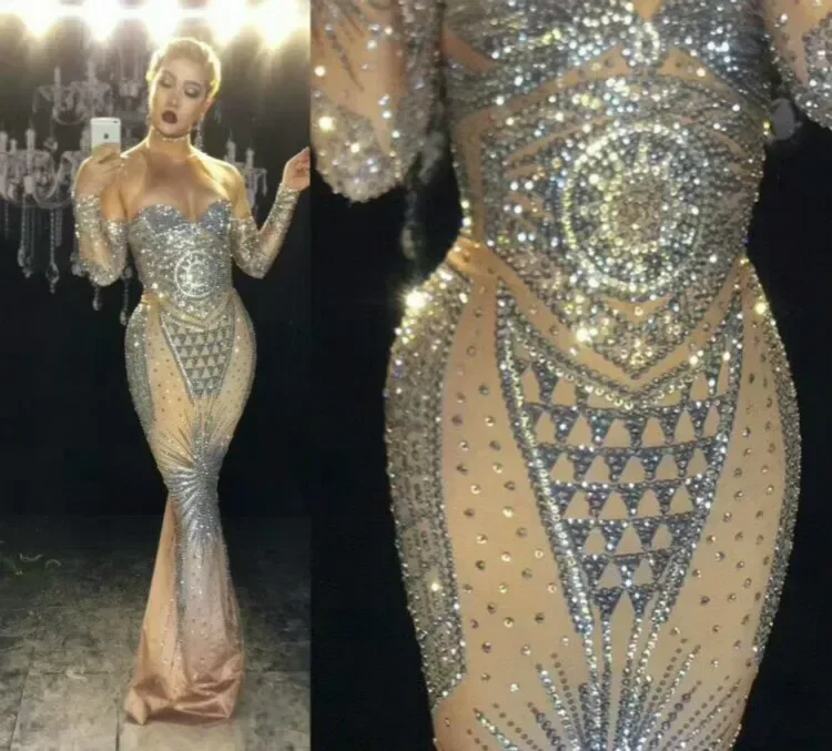 Vestido largo desnudo con diamantes de imitación brillantes, vestido Sexy de discoteca con piedras llenas, vestido largo de cola grande, disfraz de graduación, vestidos de celebración de cumpleaños