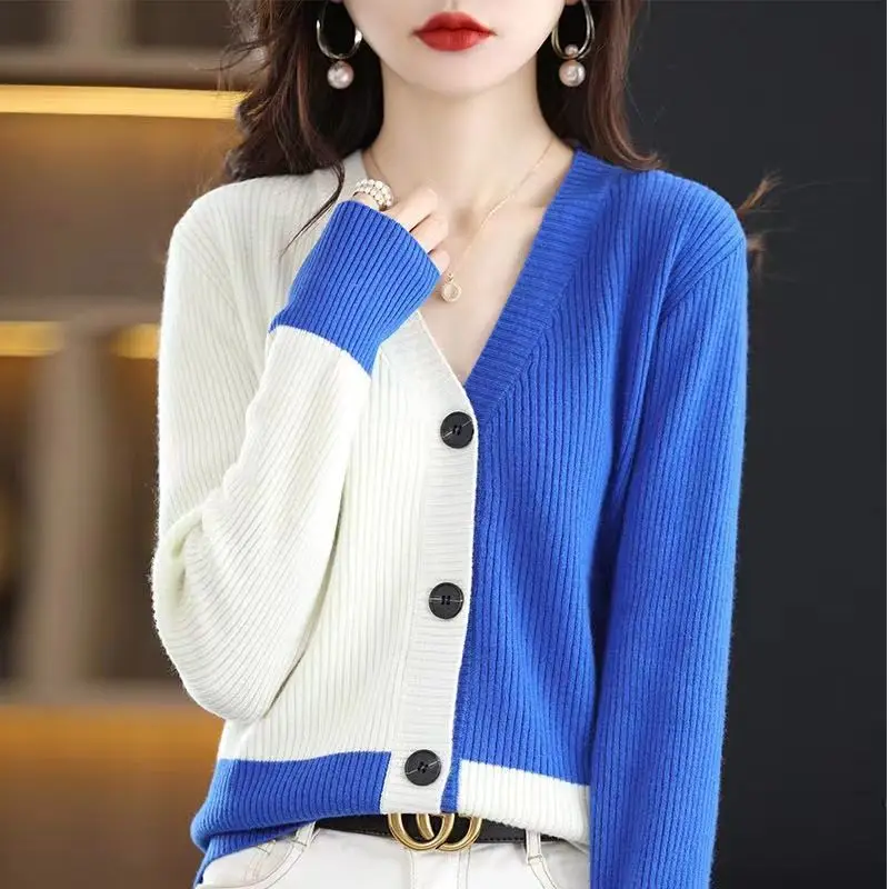 Casual Fashion V-Neck Spliced Color Knitted Cardigan Sweater Women\'s Clothing 2022 Autumn New Loose Korean Tops All-match Coat