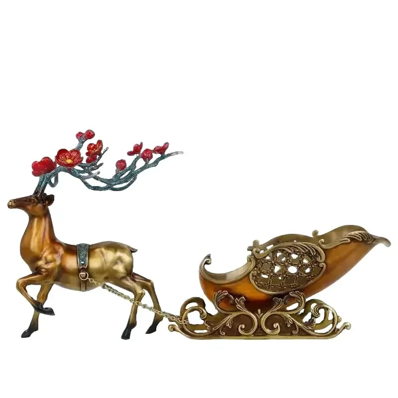 Brass sculpture Christmas deer snowmobile