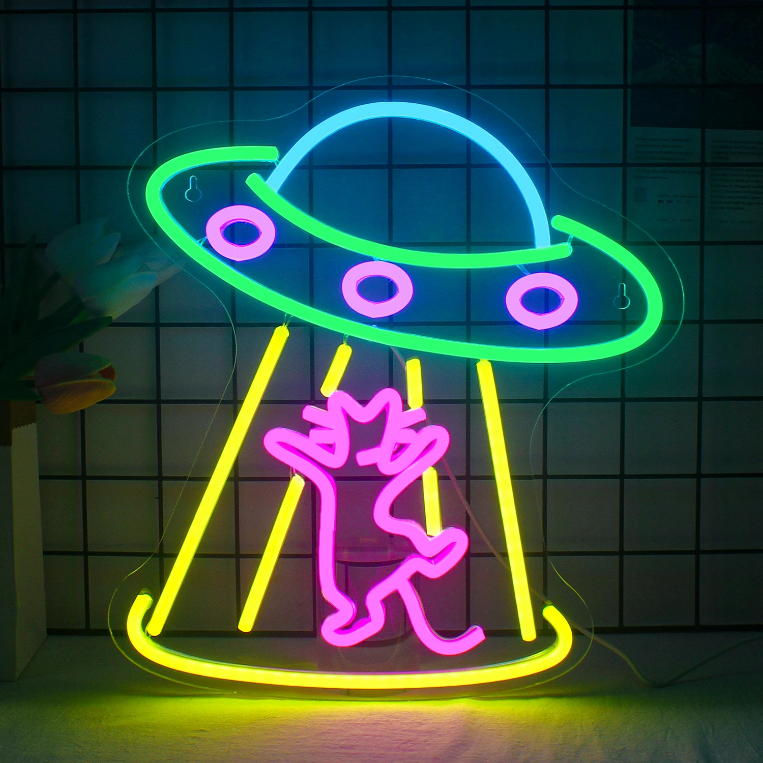 Spaceship LED Dimmable Neon Sign Space Neon Signs for Wall Decor Cat Neon for Bedroom Kids Space Game Room Neon Wall Sign Decor