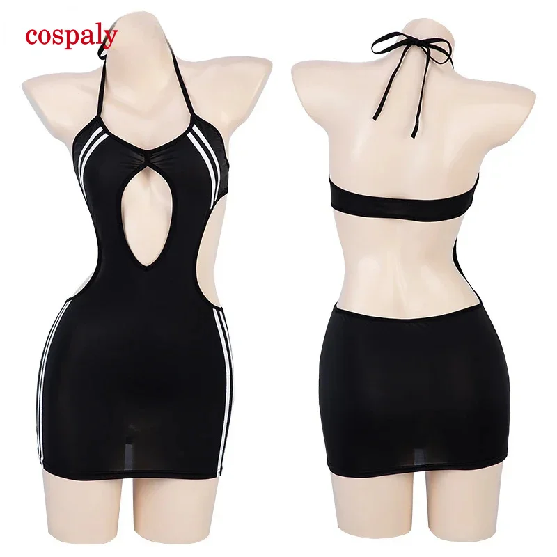 Anime Hollow Out Open Chest Uniform Sex Women Cosplay Halter Lace-Up Skirt Stripe Dress Nightdress Underwear Halloween Costume