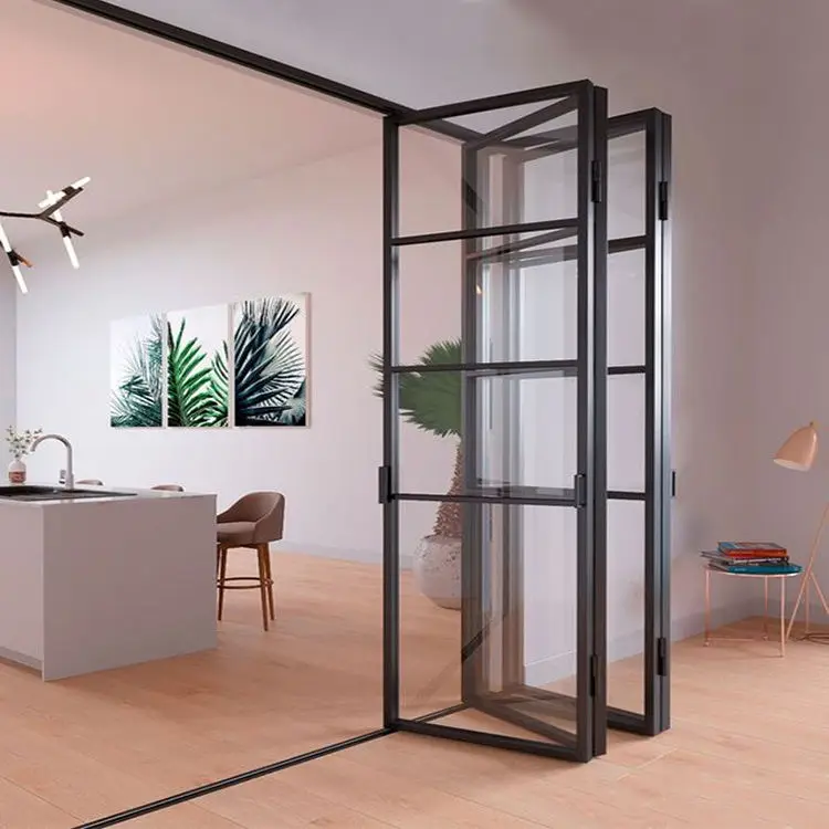 

Indoor Windproof Folding Door Aluminum Frame Tempered Glass Accordion Doors Easy To Install Safety Stacking Doors with Lock