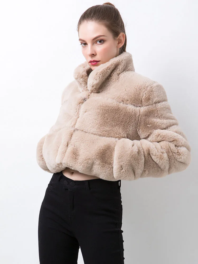 Zadorin casacos de pele de coelho falso cortados, gola alta de alta qualidade, roupas femininas de inverno, top de pele peluda, jaqueta de pele sintética rosa