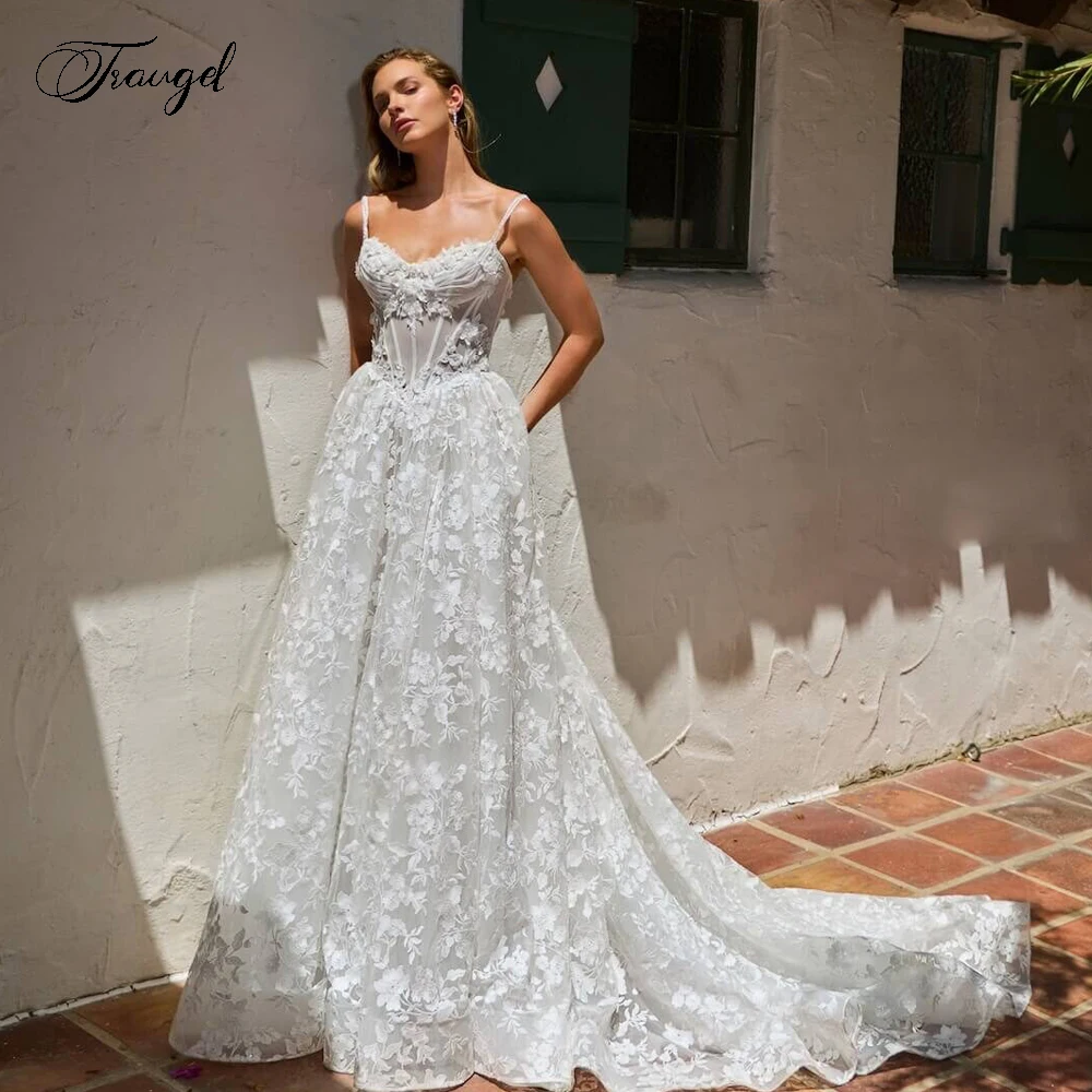 Customized A-Line Delicate Wedding Dresses Spaghetti Straps Vestido De Novia Lace Appliques Flowers Vintage Robe De Mariee