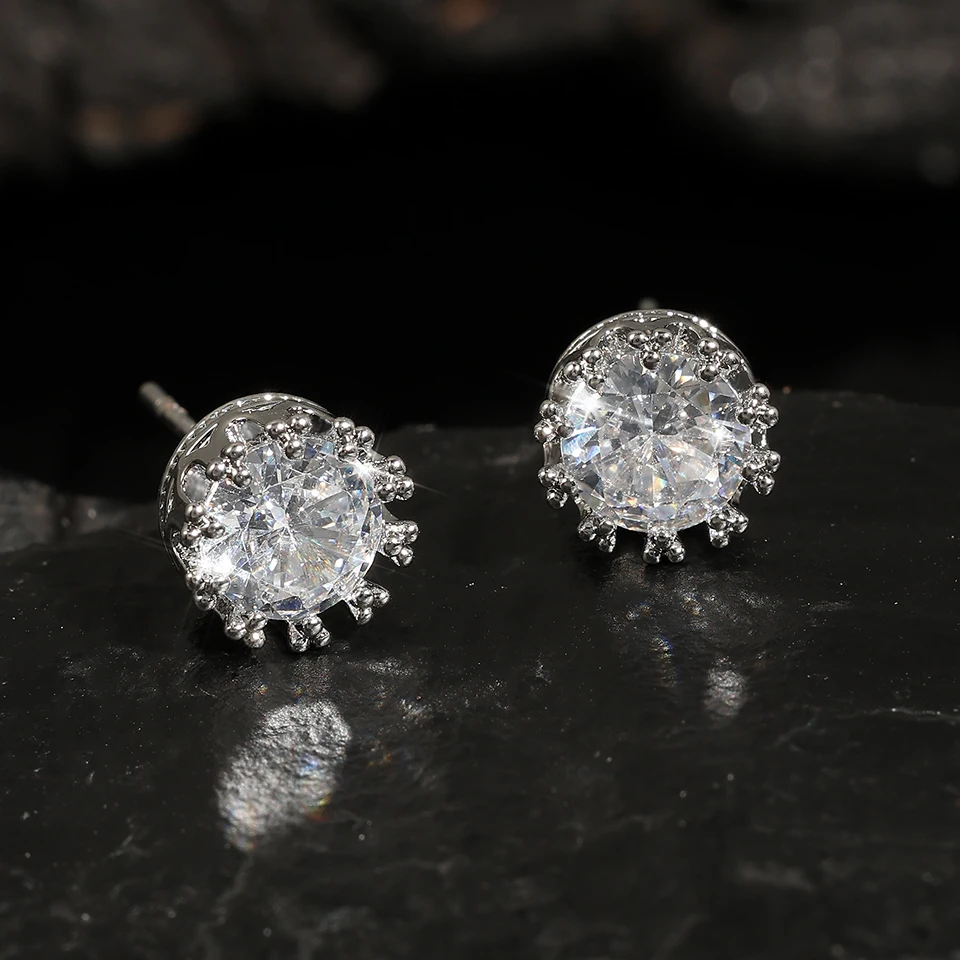 ZAKOL Fashion Crown Women Classic Shining Round Cz Zircon Small Stud Earrings Gold Color Ears for Men Crystal Party Jewelry