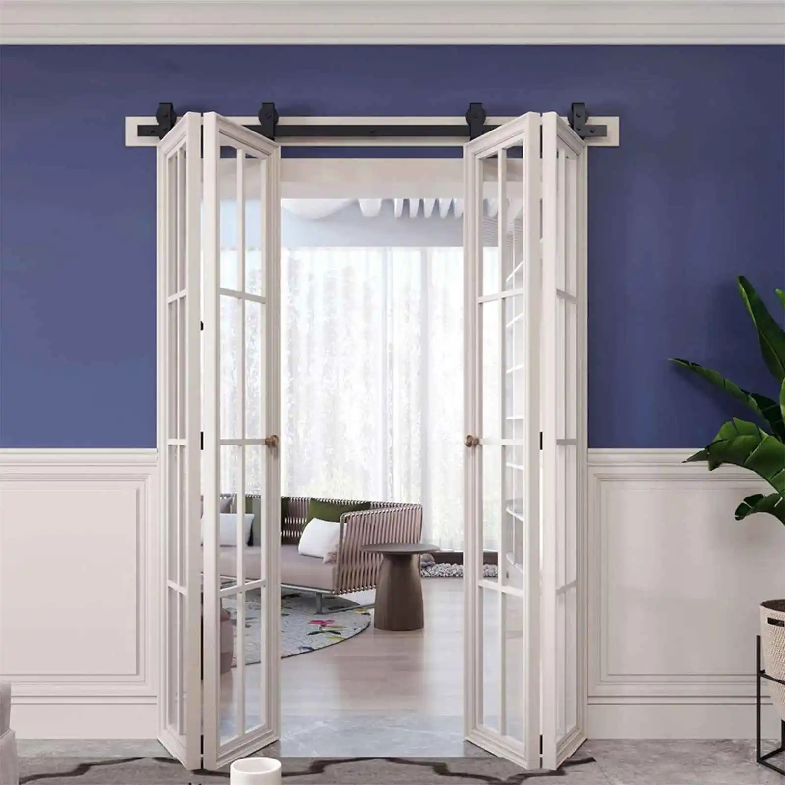 مجموعة أدوات باب الحظيرة ثنائية الطي، طقم باب الحظيرة المنزلقة على شكل حرف T من الفولاذ الكربوني مقاس 52 بوصة، نظام مسار مسطح سهل التركيب