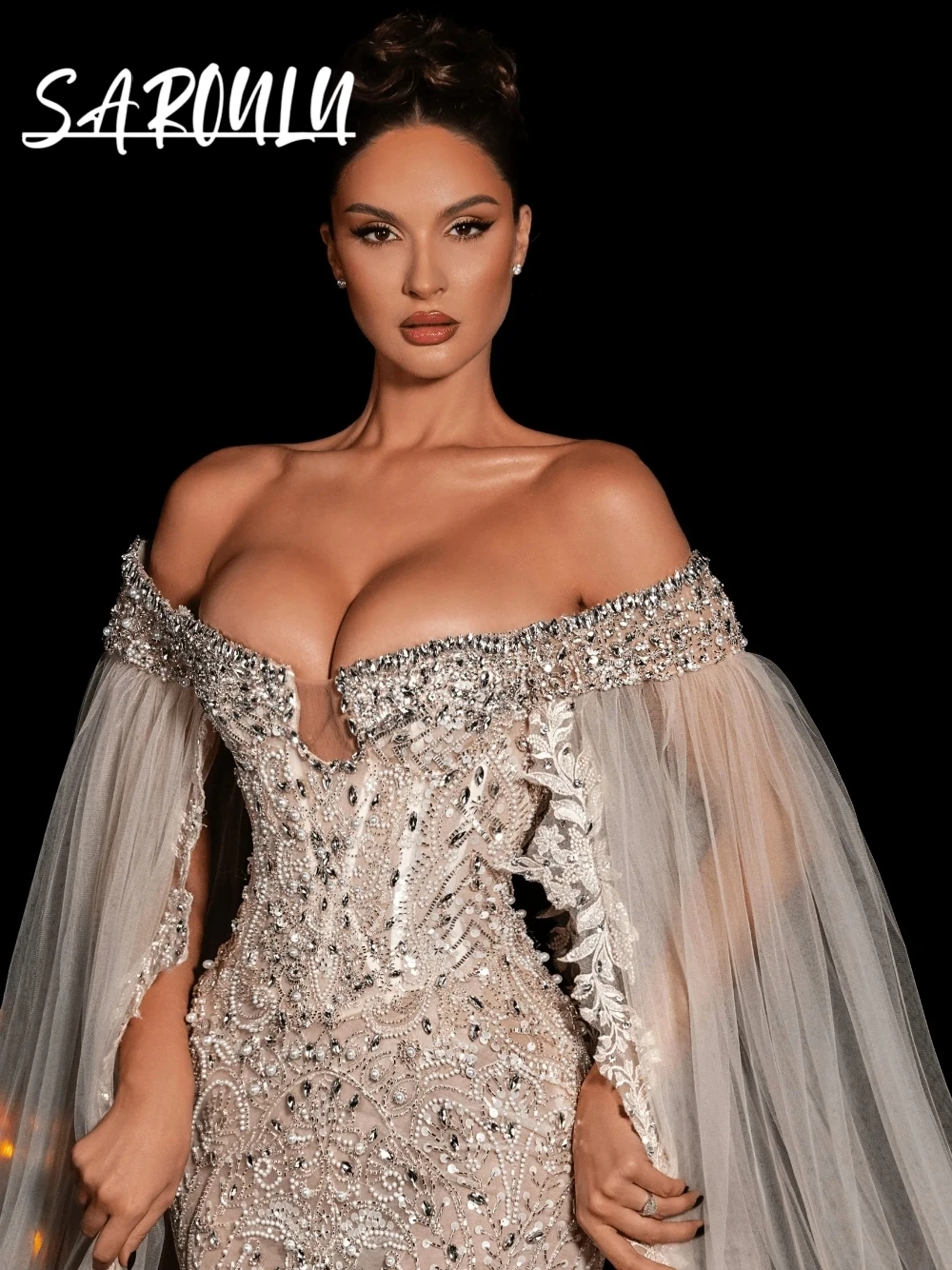 

Shimmering Beaded Mermaid Evening Dress With Long Cape Customized Opulent Crystals Appliques Floor-length Party Prom Gown