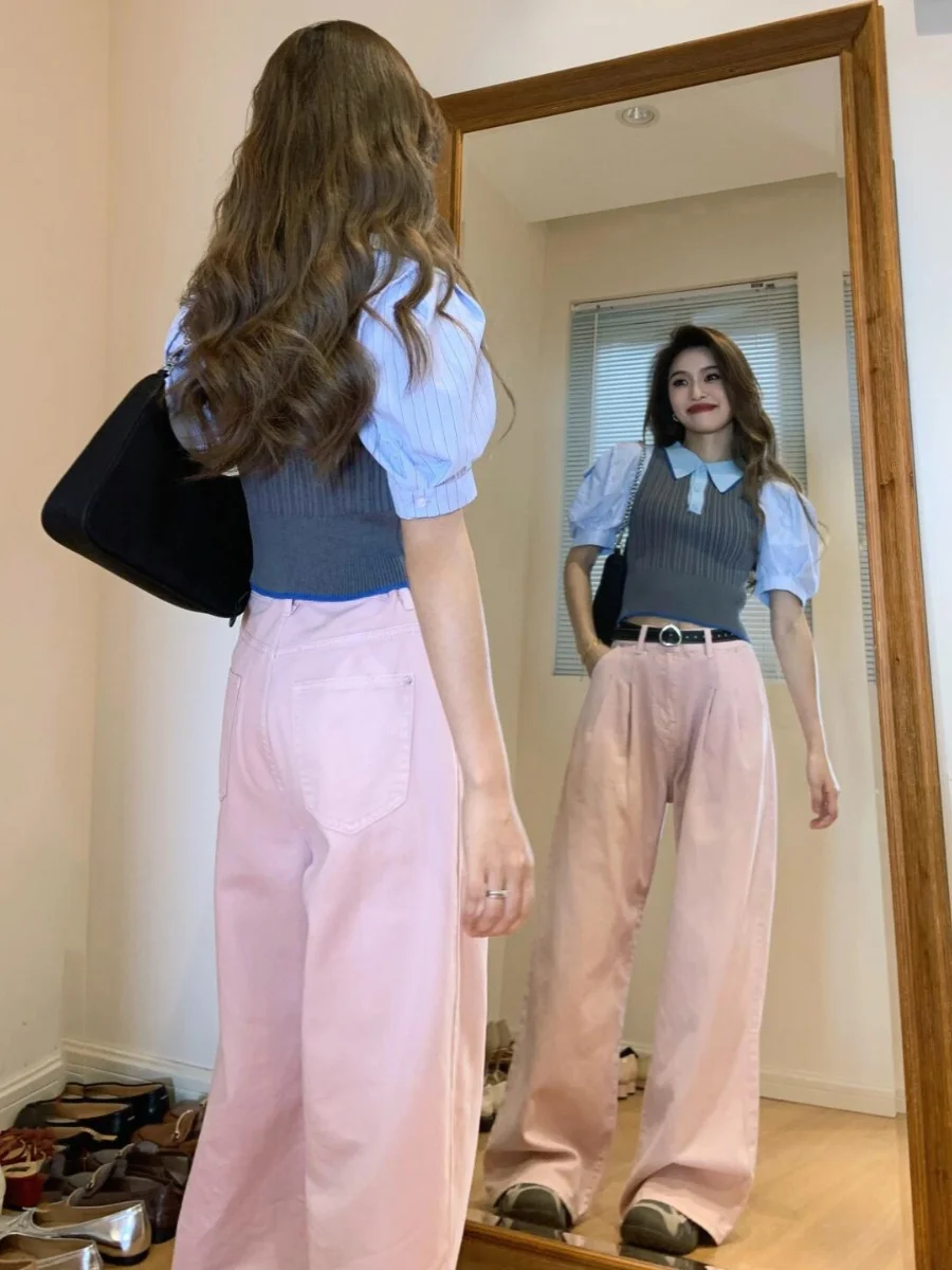 

High Waist Pleated Wide Leg Denim Jeans Women Summer Dopane Sle Loose Slim Straight Leg Pants Cool Girl Pink Color