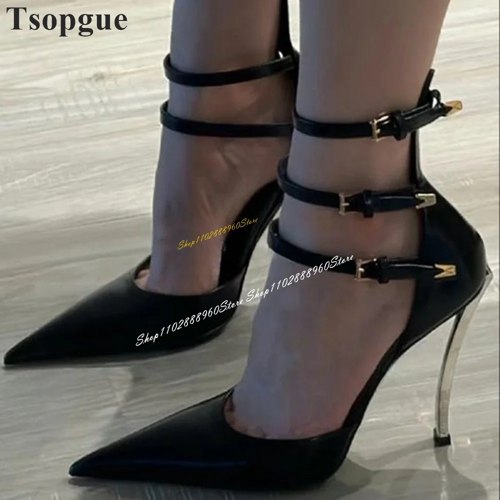 Stylish Black Buckle Strap Decor Pumps High Heel Shoes For Women Ankle Buckle Strap Pointed Toe 2024 Fashion Zapatos Para Mujere