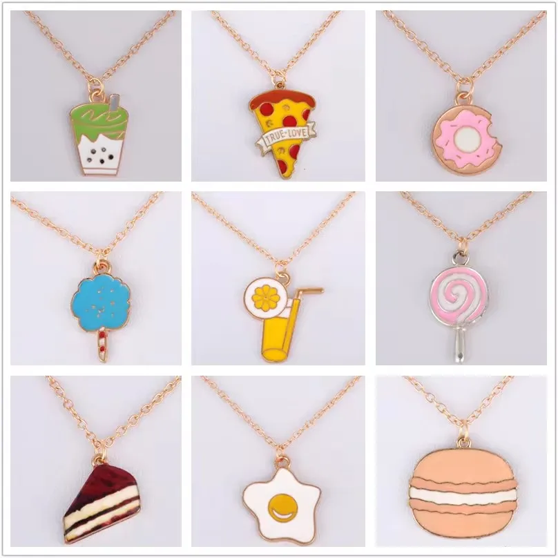 Enamel Pizza Lollipop Donut Cake Cotton Candy Pendant Necklace Egg Macaroon Juice Choker Necklace Fashion Costume Jewellery