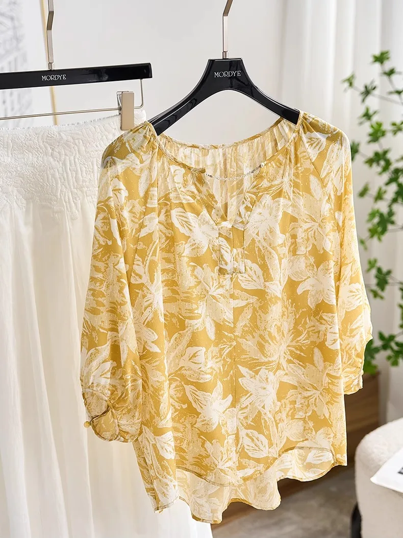 

Желтая шелковая блузка Sunine Glowing Lemon Salt с цветочным принтом на одно плечо, красивый укороченный топ для повседневной носки, прямой крой, шелковый геометрический узор