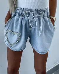 Rhinestone Heart Pattern Drawstring Denim Shorts Women Fashion Spring Summer Jeans Shorts Pants