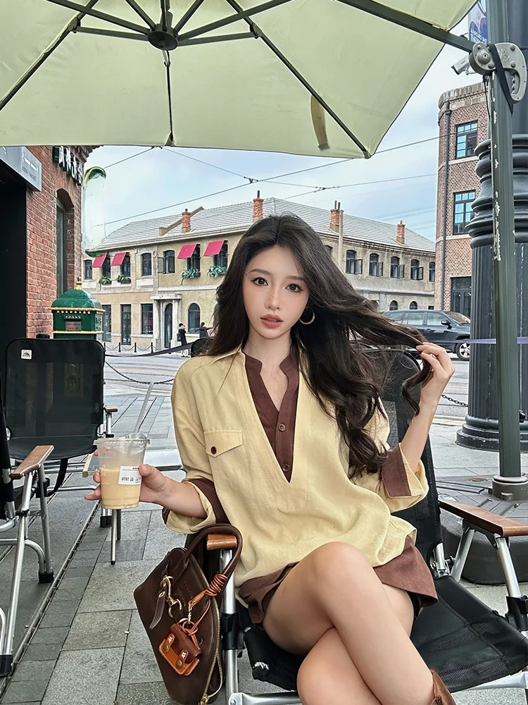 

ZQ Ziqing Hazelnut Latte Color Blo Fake Two-Piece irt Women's Spring New Small Design Sense Blouse Casual Loose Fit Long ...