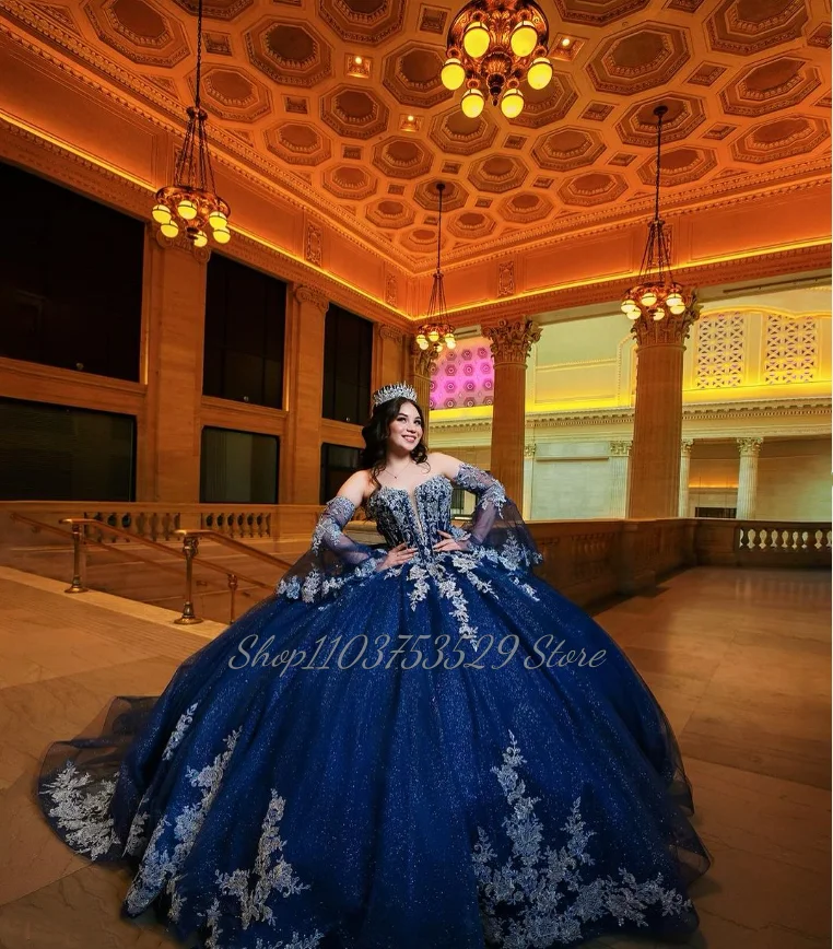 Sparkling Navy Sheath 15 Quinceanera Dresses Dreamy Lace Applique Sequins Tulle Tie Layered Princess Poncho Vestidos De Festa