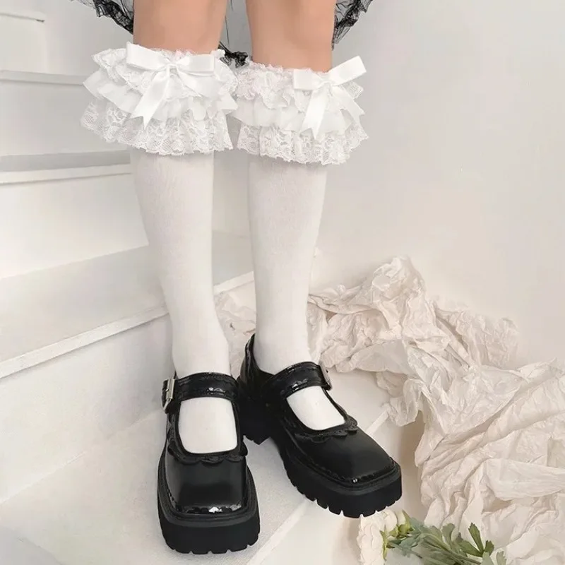 Lolita Kawaii Ruffle Socks Women Stockings Cute Bow Sweet Girls Knee Socks Japanese Style Black White Long Socks Stockings Women