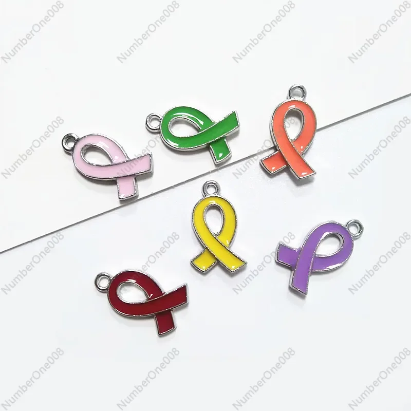 Wholesale Pink Ribbon Heart Charm - Alloy Oil-Dripping Red Ribbon Pendant, DIY Necklace Jewelry Components 100pcs