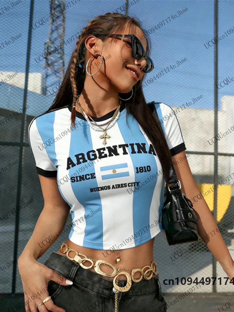 Summer New Argentina Print T-Shirt For Women Short Sleeve Sexy Crop Top Streetwear Football Jersey Y2k Vintage Tees Casual Tops