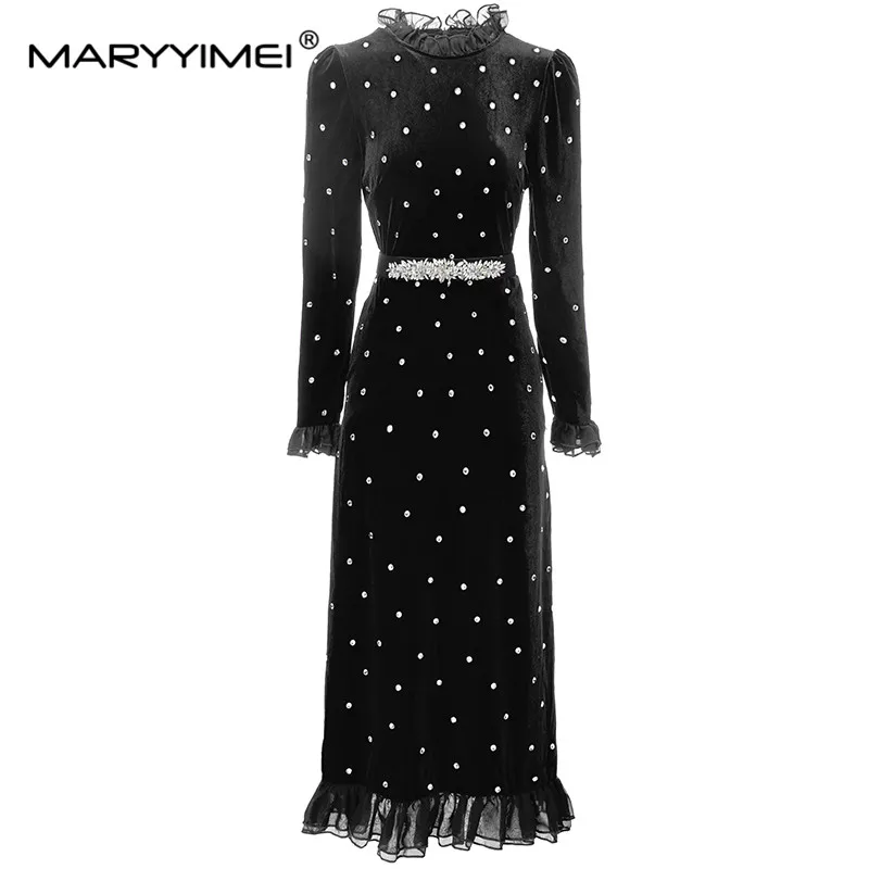 

MARYYIMEI New Fashion Runway Designer Women's Ruffled Collar Long Sleeve Micro Elastic Velvet Diamond Lotus Side Patchwork Dress