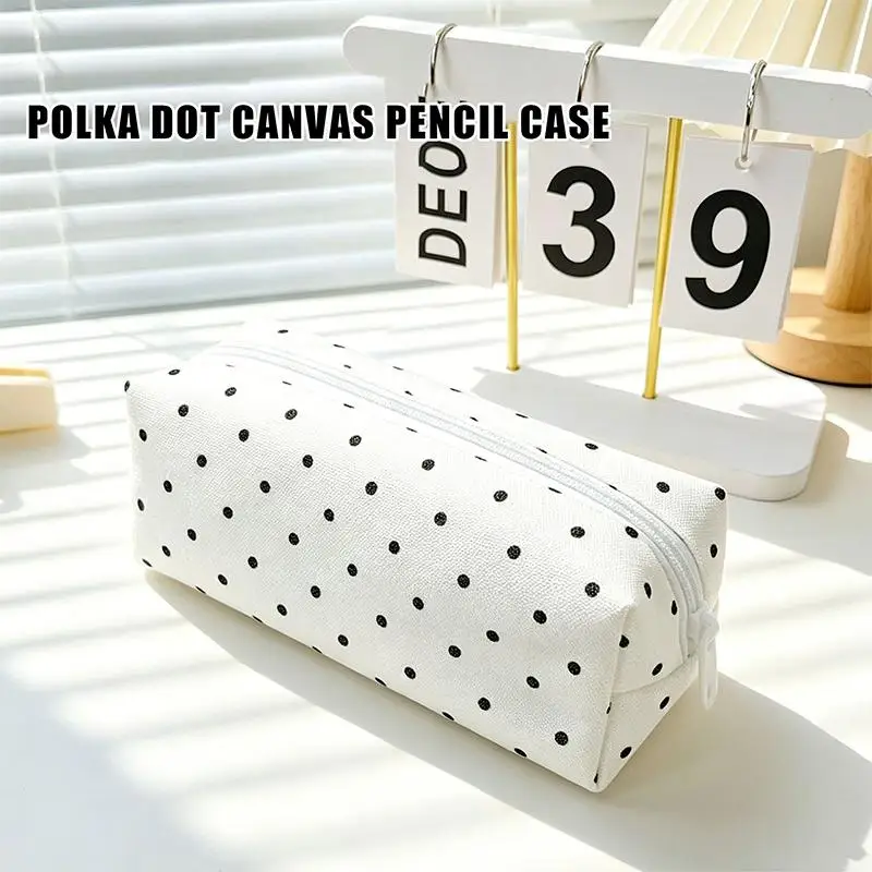 White Polka Dot Canvas Pencil Case With Sturdy Zipper And Large Capacity Perfect For Students School Office Stationery Storage
