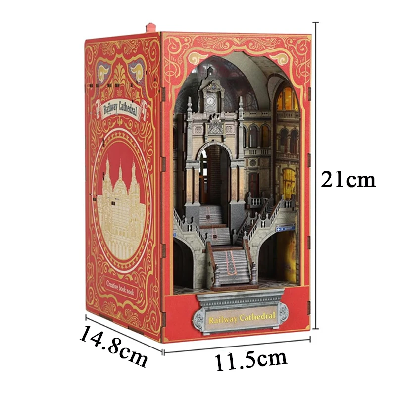 DIY Book Nook Shelf Insert Kits Wooden Miniature Building Kit Railway Cathedral Bookend Assembled Bookshelf Home Decoration Gift