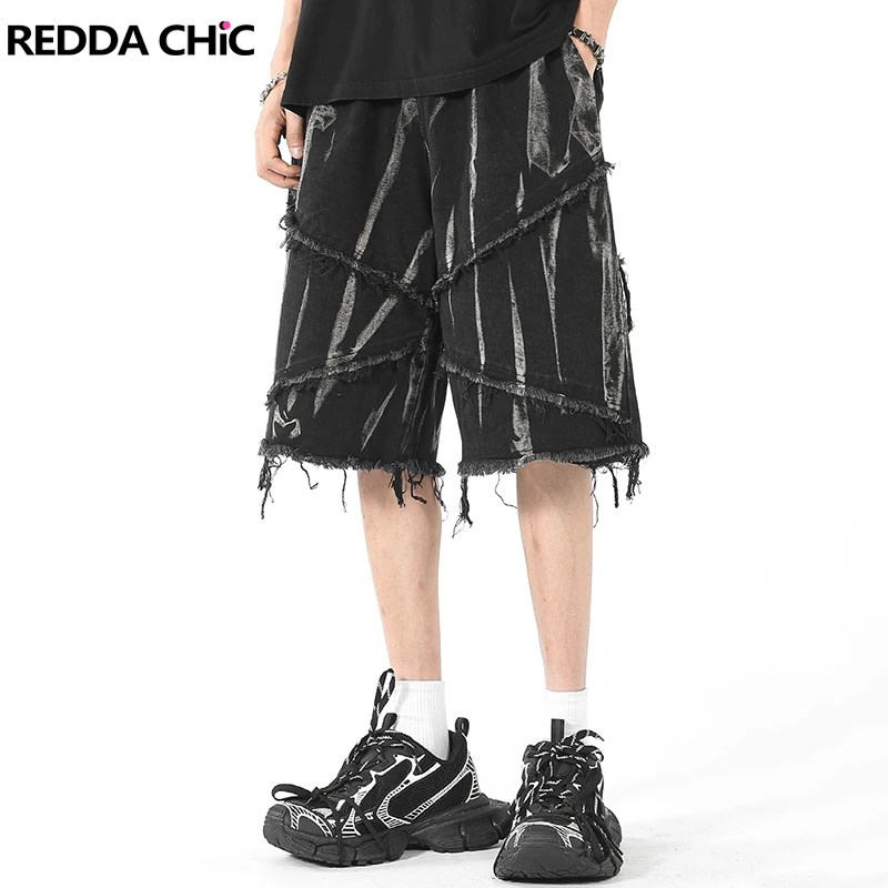 REDDACHIC Vintage Stitch Raw Edge Men Baggy Jorts Black Tie Dye Elastic Waist Wide Leg Bermuda Pants Denim Shorts Grunge Clothes