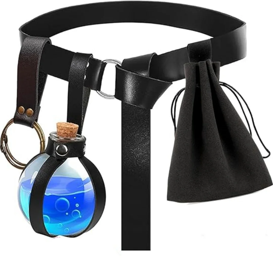 Medieval Belt, Glass Magic Bottle with Bottle Cover, Copper Coin Waist Bag Set, Halloween Costume Belt Prop