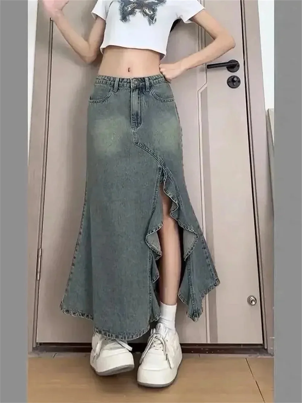 Spring Summer Korean Retro Women Denim Skirt Fashion Design Irregular Wave Slit High Waist Fishtail Skirt Midi Length Skirt