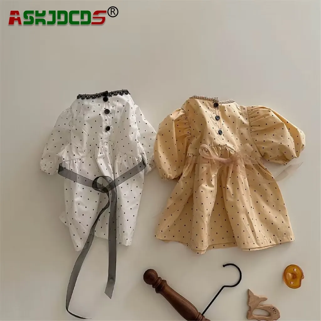 

New Summer Yellow Kids Baby Girls Short Sleeve Dot Lace Collar Lacing Wire Dresses Infant Newborn Cotton Clothing Toddler Dress