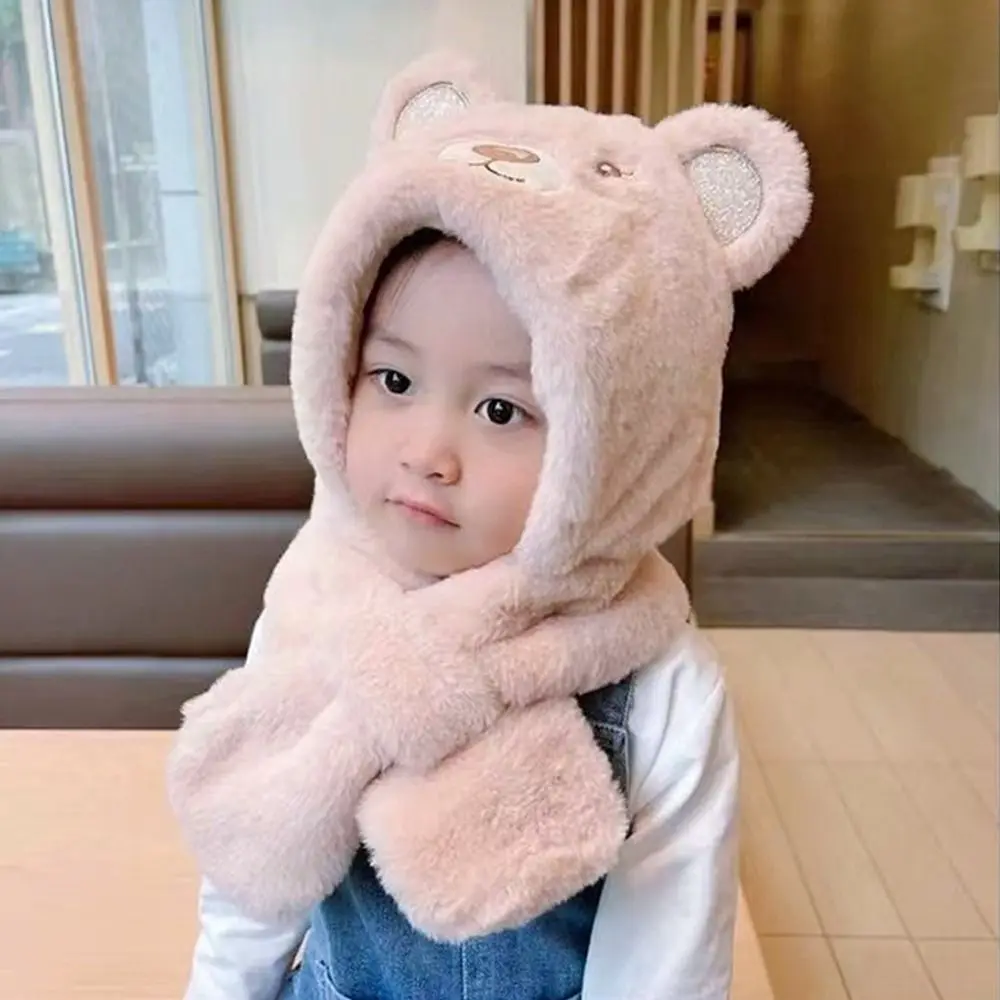 Cute Plush Winter Hat Warm Windproof Beanie Hat Scarf Casual Thickening Scarf Hat Integrated Boys Girls 3-5 years old