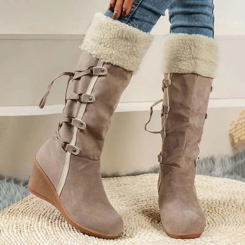 Designer Metal Belt Buckle Suede Knee High Boots Women Winter 2026 Comfort Wedge Heel Snow Boots Women Lambswool Long Booties
