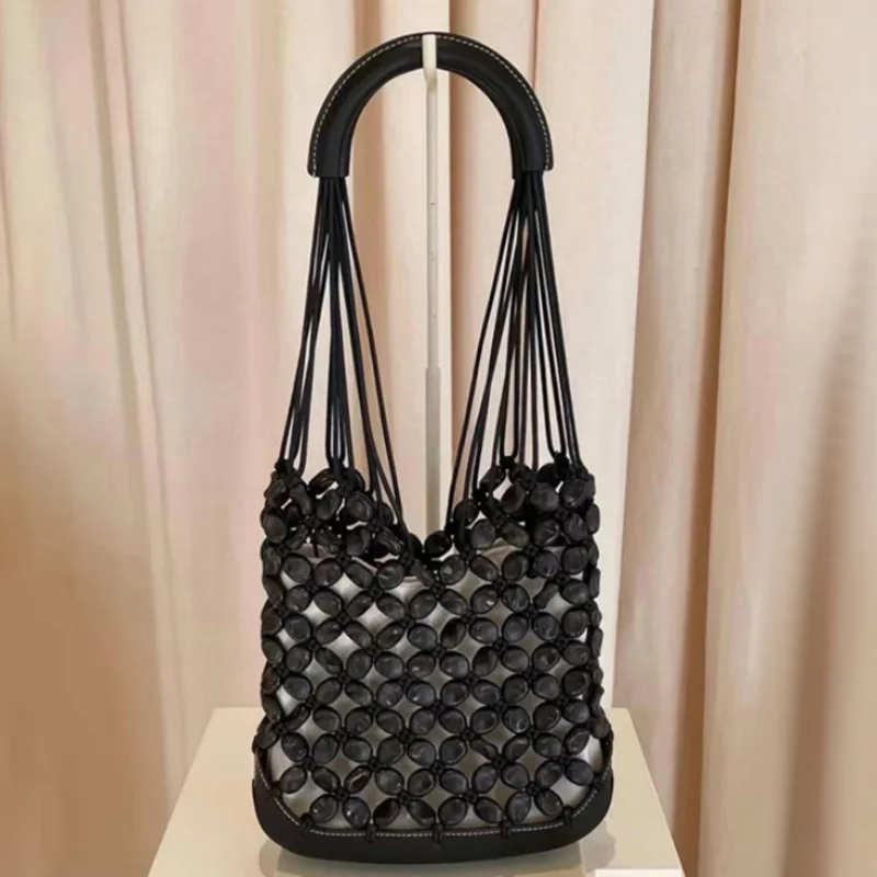 

Дизайнерская сумка-ведро из плетеной ткани с кожаной ручкой, вместительная, высококачественная, 2-в-1, универсальная сумка на плечо/подмышку