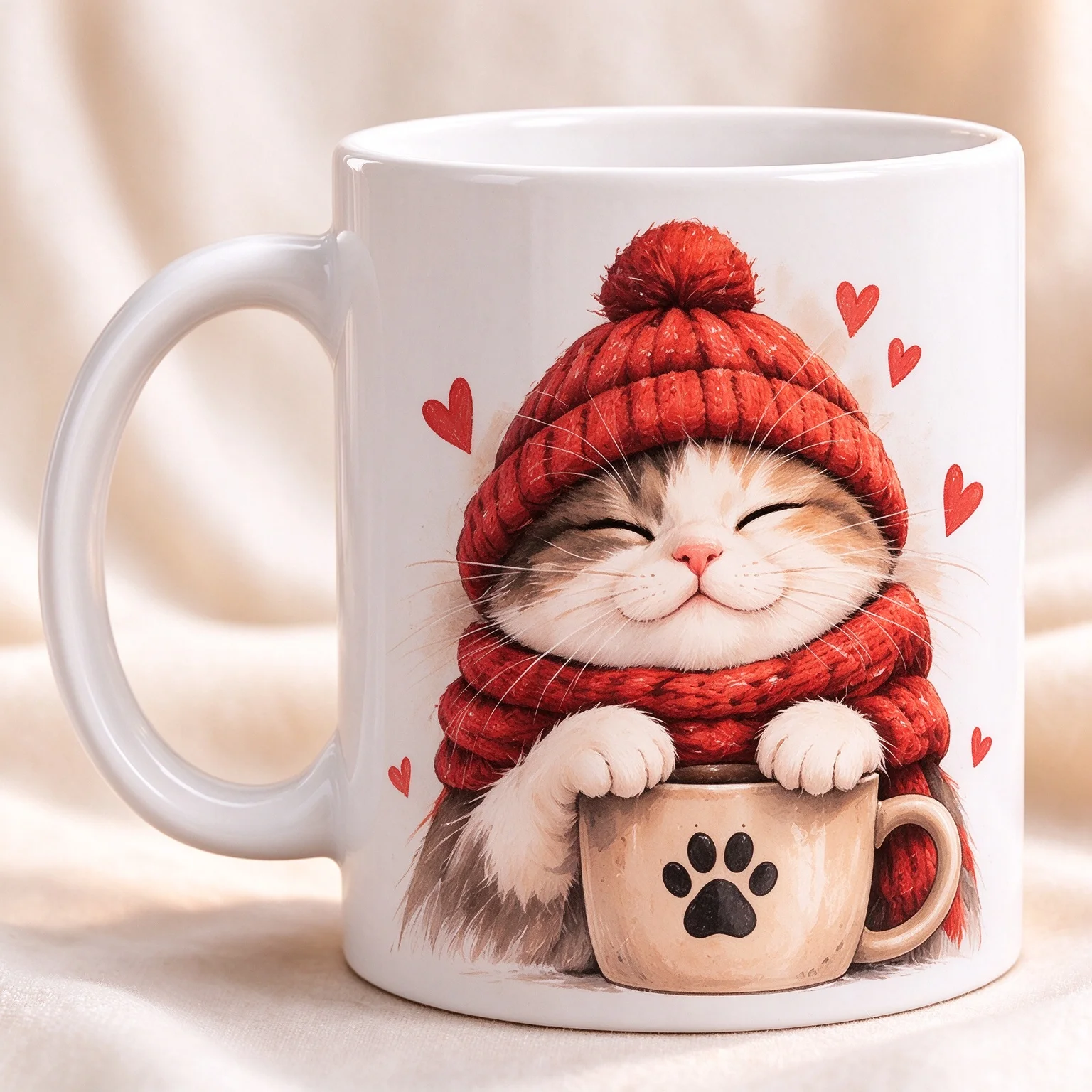 Winter Cozy Cat Mug, Kitty with Knit Hat Scarf Coffee Cup, Cute Cat Lover Gift for Christmas Housewarming